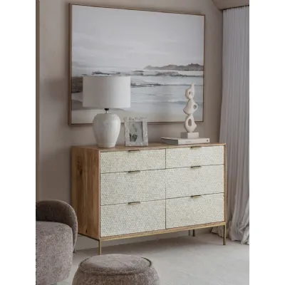 Cream Bone Patterned Chest of 6 Drawers Wooden Framed