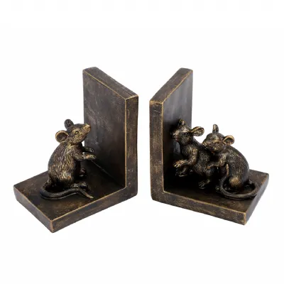 Antique Gold Mouse Bookends with Sculpted Mice