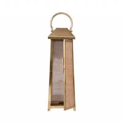 Antique Brass Tall Iron and Rattan Lantern with Handle