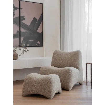 Beige Fabric Upholstered Curve Occasional Chair with Stool