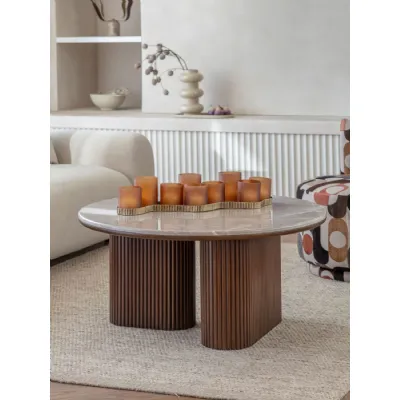 Grey Marble Top Round Coffee Table with Walnut Fluted Base