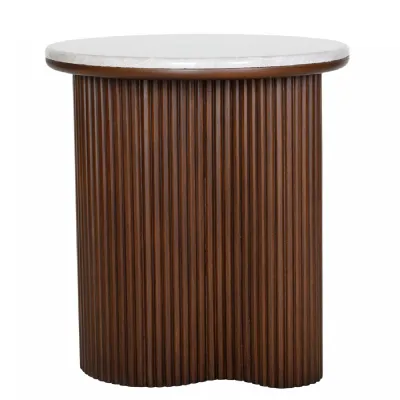 White Marble Round Top Side Table Dark Wood Fluted Base