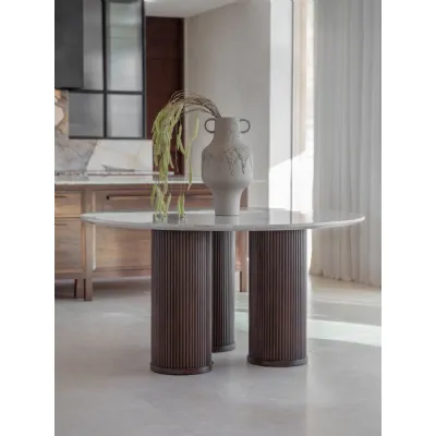 Grey Marble Top Round Dining Table Fluted Walnut Base 150cm