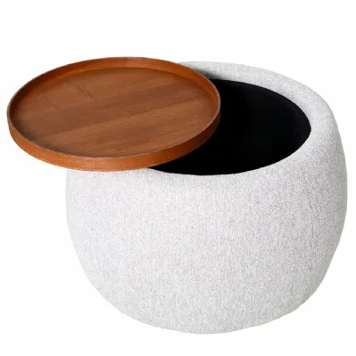Oatmeal Fabric Storage Round Small Ottoman with Walnut Tray