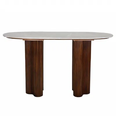 Grey Marble Top Console Table with Walnut Fluted Base