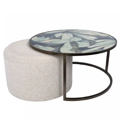Leaf Design Glass Top Coffee Table Set with Fabric Pouffe