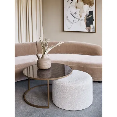 Ripple Design Glass Top Coffee Table Set with Fabric Pouffe