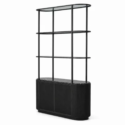 Black Marble Top Glass Shelves Shelving Unit with Storage