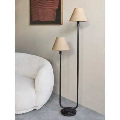 Gilded Oak Bronze Twin Floor Lamp with Fabric Shades