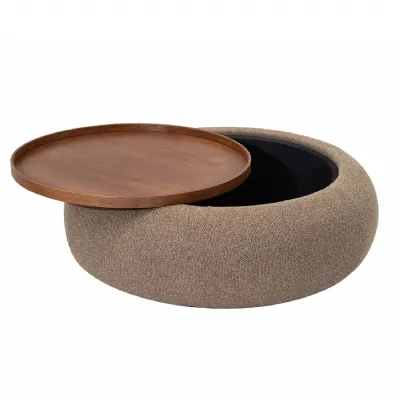 Coffee Fabric Storage Round Large Ottoman with Walnut Tray