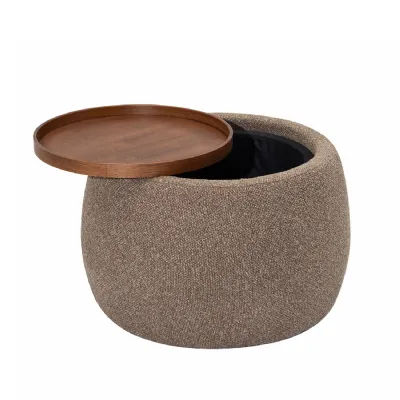 Coffee Fabric Storage Round Small Ottoman with Walnut Tray