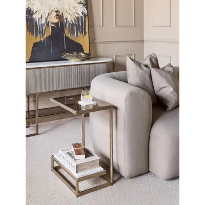 Smoked Glass and Marble Two Tier Champagne Gold Side Table
