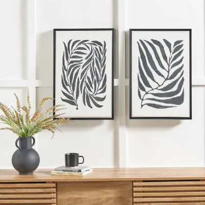 Black Leaf Print Canvas with Black Frames Set of 2
