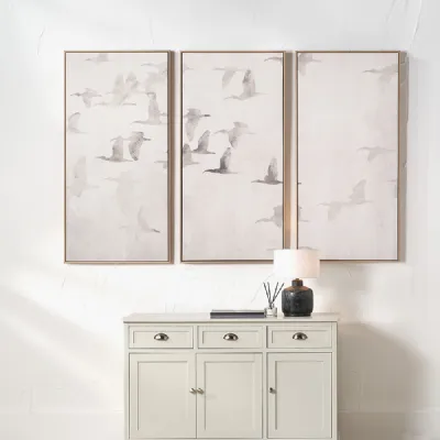 Natural and White Birds Canvases Wooden Frames Set of 3