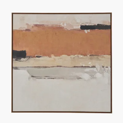 White and Terracotta Abstract Square Canvas with Oak Effect Frame