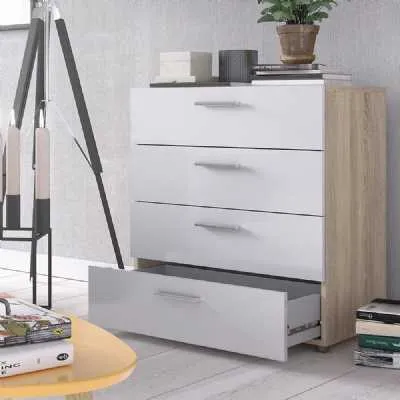 Oak and White High Gloss Storage Chest of 4 Drawers