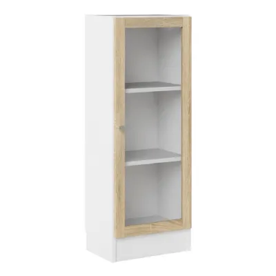 Basic Low Narrow Display Cabinet in White (2 Shelves) with Glass Oak Door
