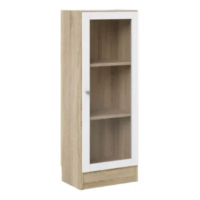 Basic Low Narrow Display Cabinet In Oak (2 Shelves) with Glass White Door