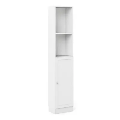 Basic Tall Narrow Combination Storage Bookcase in White (4 Shelves) with Glass White Door