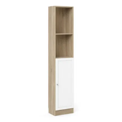 Basic Tall Narrow Combination Storage Bookcase in Oak (4 Shelves) with White Door