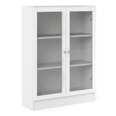 Basic Low Wide Display Cabinet in White (2 Shelves) with 2 Glass Doors in White