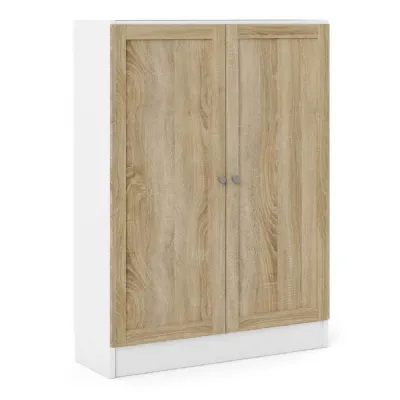 Basic Low Wide Storage Cabinet in White (2 Shelves) with 2 Oak Doors