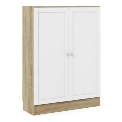 Basic Low Wide Storage Cabinet in Oak (2 Shelves) with 2 White Doors