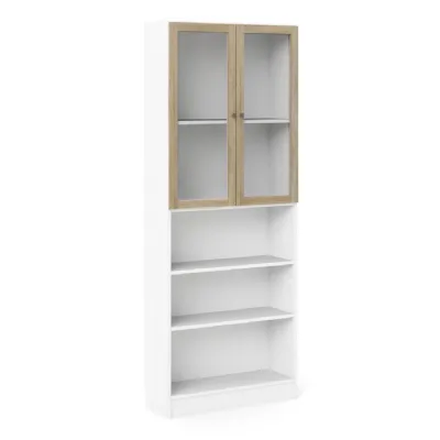 Basic Tall Wide Display Cabinet in White (4 Shelves) with 2 Glass Oak Doors