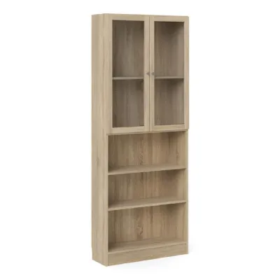 Basic Tall Wide Display Cabinet in Oak (4 Shelves) with 2 Glass Oak Doors