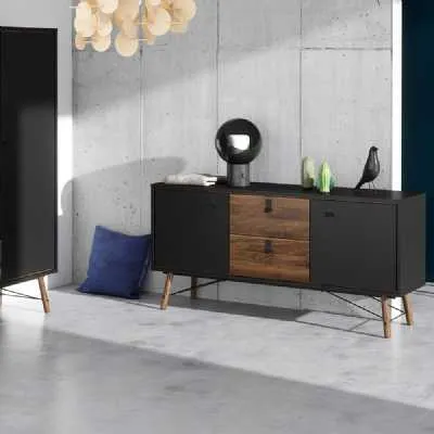 Wide Matt Black Walnut 2 Door 2 Drawer Sideboard With Black Handles