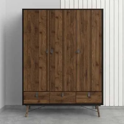 Matt Black Walnut 3 Door Triple Wardrobe 3 Drawers with Shelves 150cm Wide