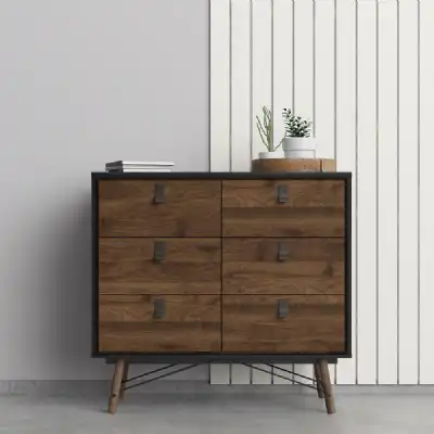 Matt Black Walnut 6 Drawer Double Chest With Unique Black Handles