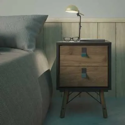 Matt Black Walnut 2 Drawer Bedside Cabinet With Unique Black Handles