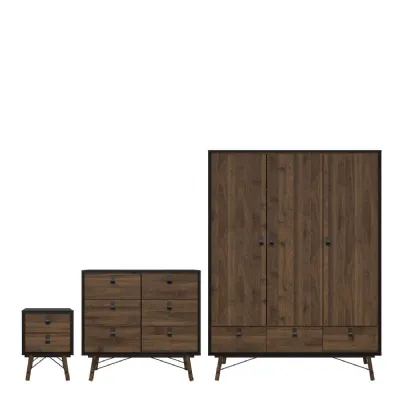 Ry Package Wardrobe 3 doors + 3 drawers + Double chest of drawers 6 drawers + Bedside cabinet 2 drawer in Matt Black Walnut