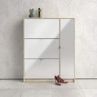 Oak White High Gloss Shoe Cabinet 3 Tilting Doors 2 Layers 1 Door