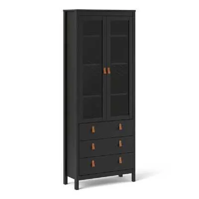 Matt Black 2 Door 3 Drawer Cabinet With Brown Leather Tab Handles