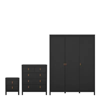 Barcelona Package Bedside Table 2 drawers + Chest 3+2 drawer + Wardrobe with 3 doors in Matt Black
