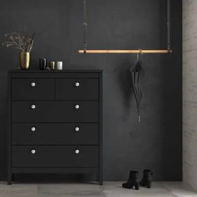 Matt Black 5 Drawer Chest Drawers Round Metal Knobs