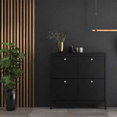 Matt Black 4 Compartment Shoe Cabinet With Metal Knobs