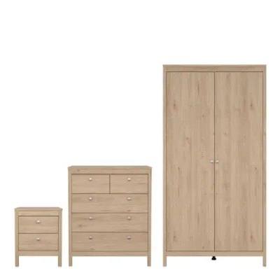 Madrid Package Bedside Table 2 Drawers + Chest 5 Drawer + 2 Door Wardrobe in Jackson Hickory Oak