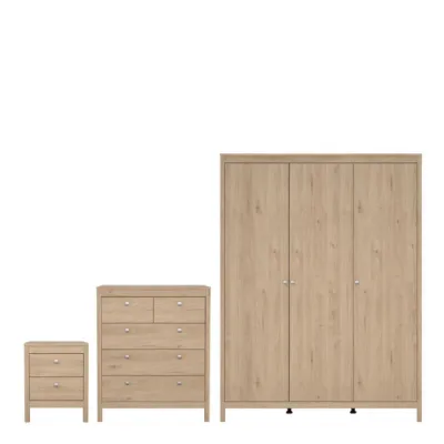 Madrid Package Bedside Table 2 Drawers + Chest 5 Drawer + 3 Door Wardrobe in Jackson Hickory Oak