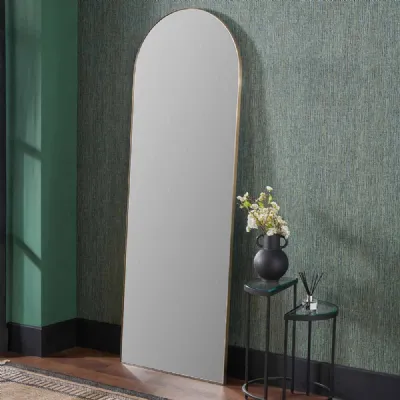 Brushed Gold Metal Slim Framed Arch Floor Mirror