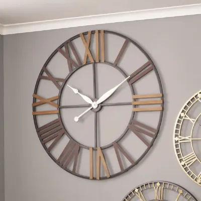 Large 120cm Round Antique Grey Metal and Wood Wall Clock