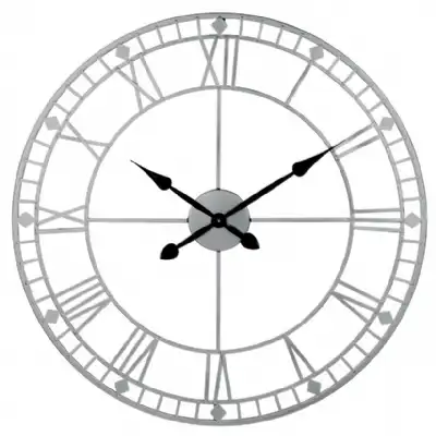 Antique Silver Metal Round Wall Clock Roman Numerals