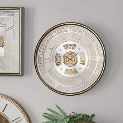 Antique Gold Wood and Mirror 60cm Round Open Gear Wall Clock