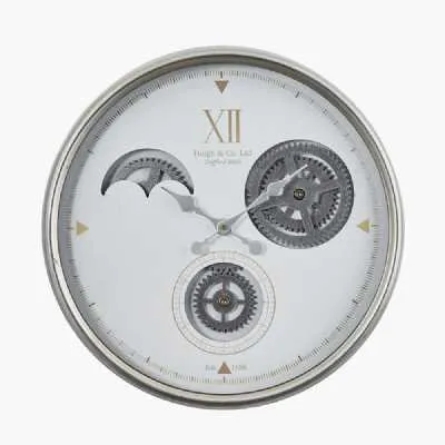 White and Silver Metal Cogs Wall Clock