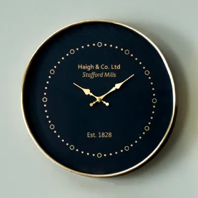 Black Face and Antique Brass Metal Round Wall Clock