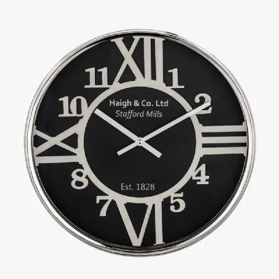 Silver Metal and Black Face Round Wall Clock