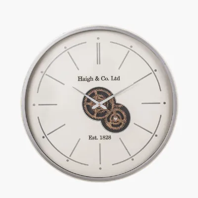 Ivory and Silver Wood Working Cog Wall Clock