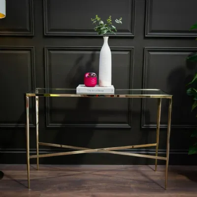 Clear Glass Top Console Table with Gold Metal Frame